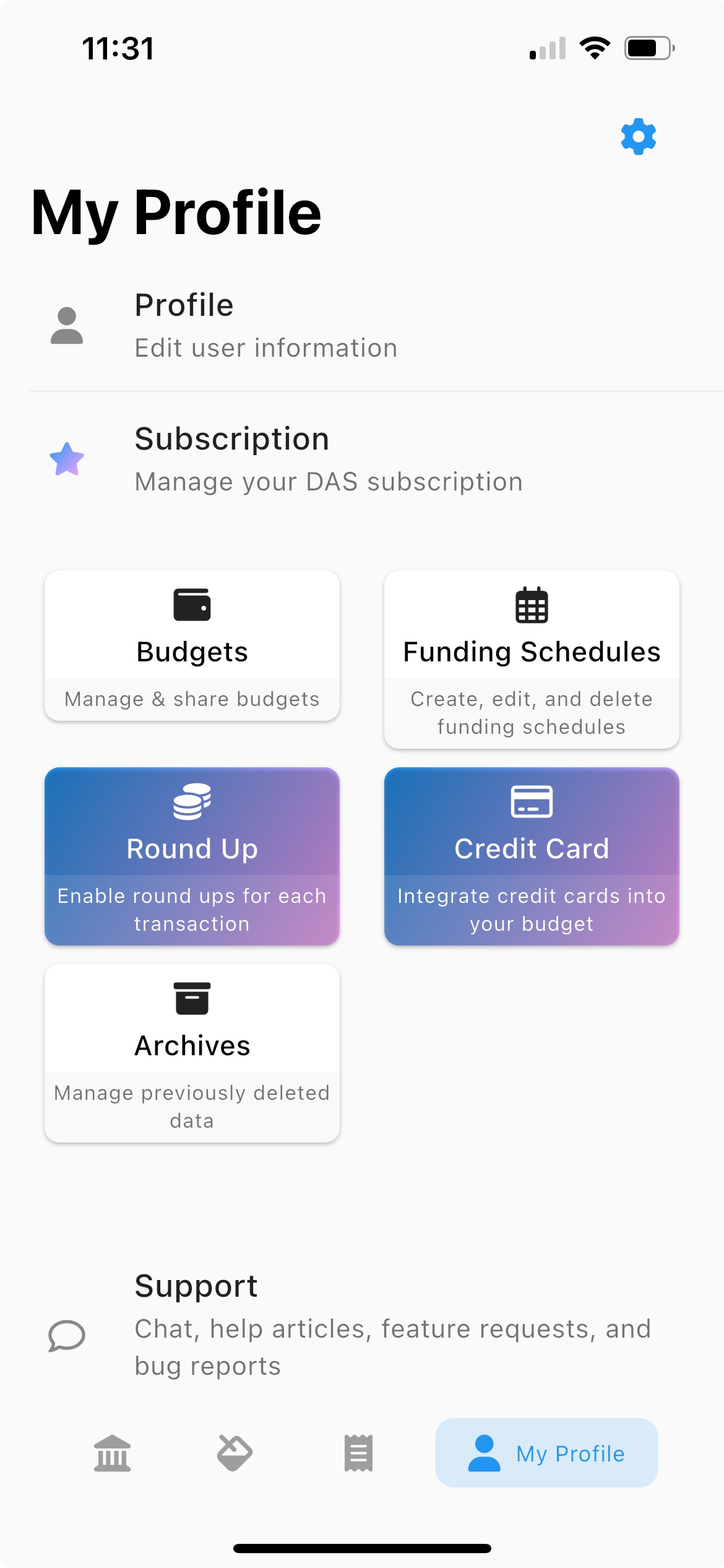 Beacon Budget My Profile screen showing the Credit Card widget
