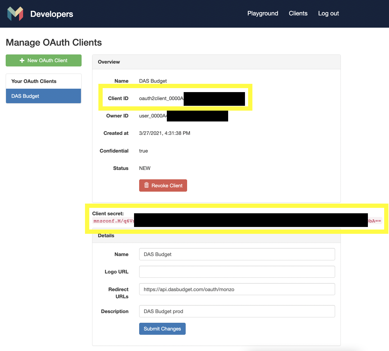 monzo developers client page