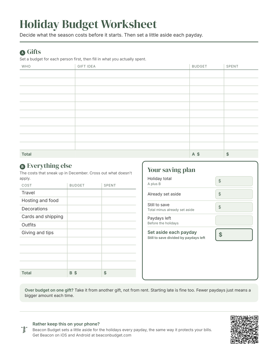 Preview of the one page Holiday Budget Worksheet, with a gift list, other holiday costs, and a saving plan